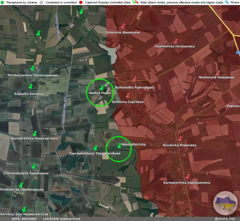 斯瓦托夫 30 日前線地圖顯示，烏克蘭軍隊成功向前挺進約 3 公里，成功收復遭俄軍佔領的Nadiya （上綠圈）及 Novojehorivka （下綠圈）的兩村莊。   圖：翻攝自推特@ukraine_map