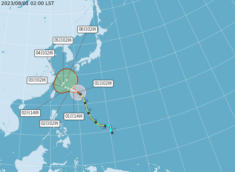 中度颱風「卡努」今天凌晨2時的中心位置，在台北東方910公里海面上，以每小時15公里的速度，向西北西進行，預測未來路徑將向北拐。   圖：中央氣象局／提供