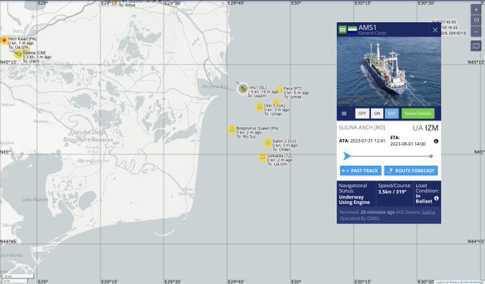 7 月 31 日一艘編號 Ams1 的船隻從以色列亞實突（Ashdod）出發直直通過遭俄羅斯封鎖的黑海航向烏克蘭。   圖：翻攝自推特@maria_drutska