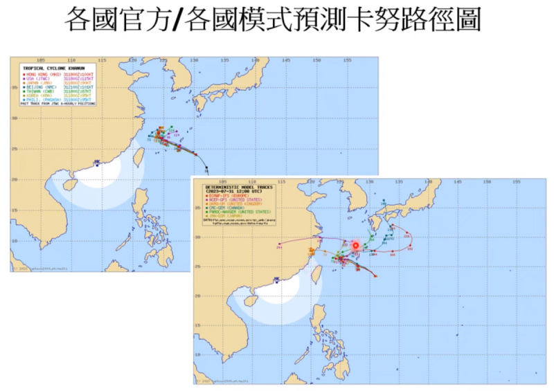 卡努颱風走向變化莫測，目前各國預測路徑都有分歧。   圖：取自賈新興TY頻道