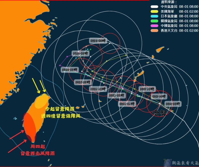 卡努颱風的路徑西修，等於對台影響將會增加。   圖：取自觀氣象看天氣