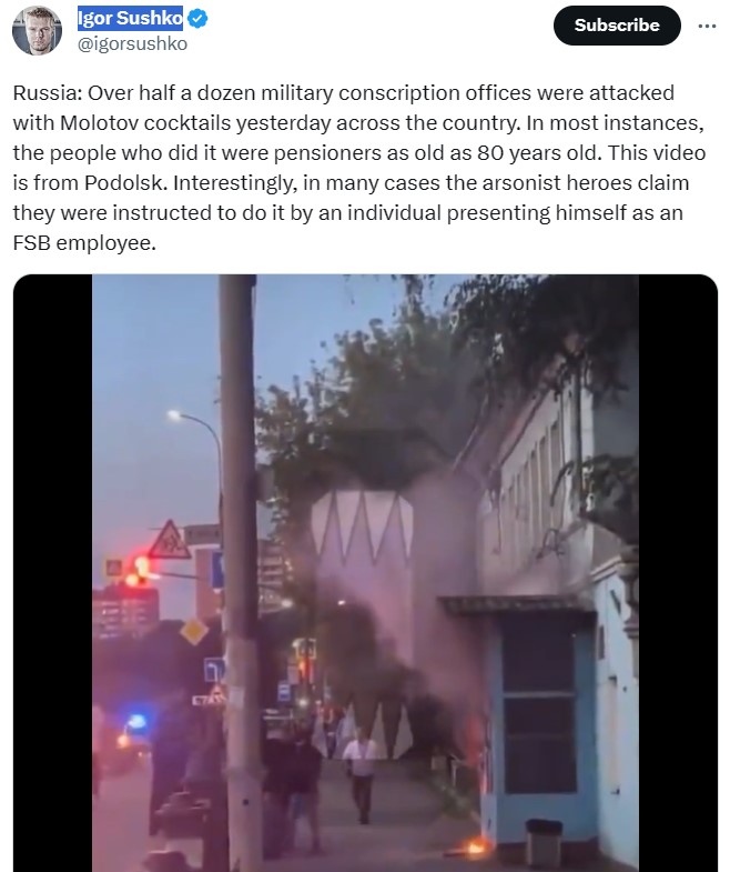俄羅斯近期有徵兵辦公室，遭到民眾投擲燃燒彈襲擊。   圖：翻攝自 Igor Sushko 推特