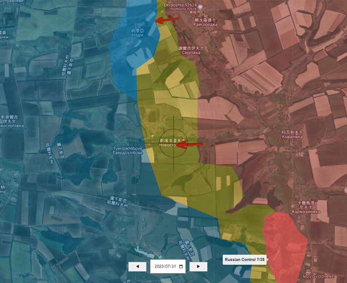 烏軍在 29 日成功將新埃格里夫卡（Novoyehorivka）置於雙方爭奪下。「NOELREPORTS」指出，烏軍已成功驅逐該區的俄軍。   圖：翻攝自map.ukrdailyupdate.com