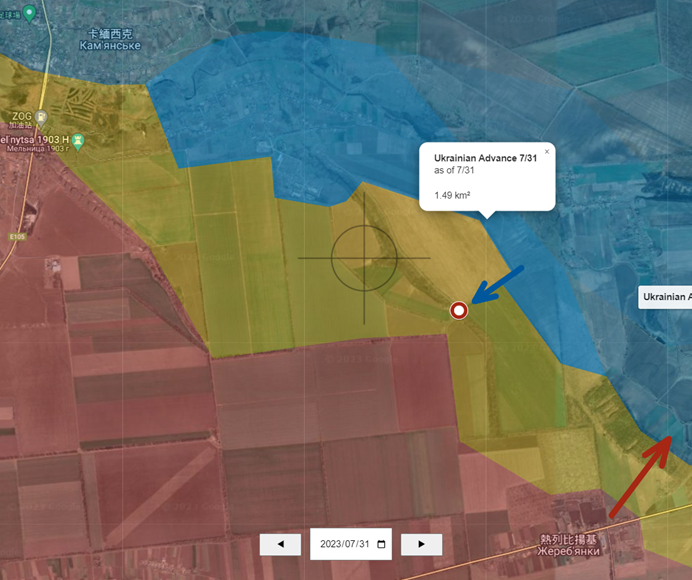 烏軍 31 日成功在卡緬西克南方向南推進一小部分，持續壓縮俄軍空間。   圖：翻攝自map.ukrdailyupdate.com