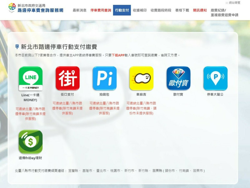 只要進入新北市政府交通局路邊停車費查詢服務網即可點選下載APP，隨時隨地輕鬆完成查詢和繳費。   圖：新北市交通局/提供