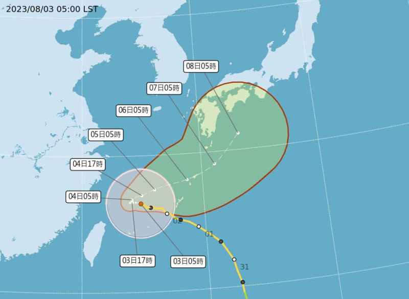 氣象局預估颱風卡努會緩慢向西移動後，3日深夜最靠近台灣。   圖：氣象局提供