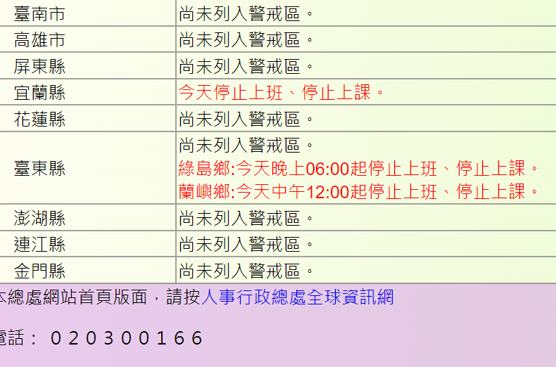 台東縣綠島鄉，也將自晚間18時起停止上班上課。   圖：翻攝人事行政總處網站