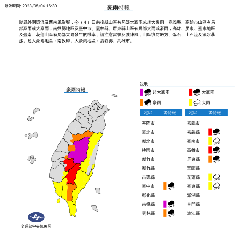 中央氣象局持續對台灣中南部山區發布大豪雨或超大豪雨警報，計有高雄5區、南投1鄉，5日停班停課。   圖：翻攝中央氣象局網站