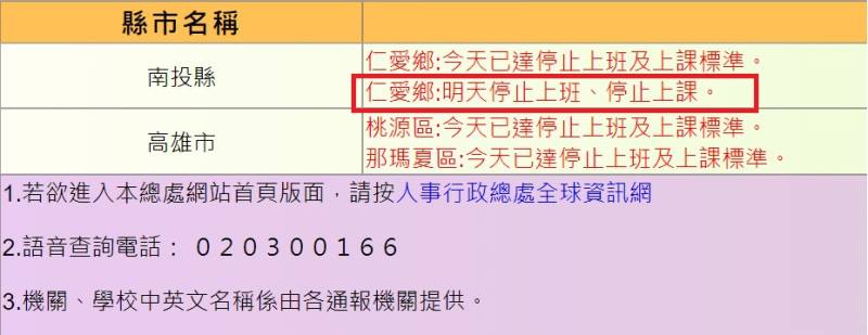 南投縣仁愛鄉7日繼續停班停課。   圖：翻攝人事行政總處官網