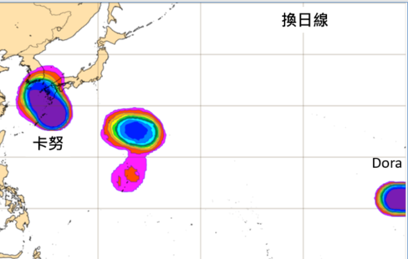 6日20時歐洲(ECMWF)系集模式，模擬9日20時在日本東南方海面有第7號颱風「蘭恩」，其生成的機率已高達80％；另外，「東太平洋」第5號熱帶系統「Dora」在夏威夷西南方海面。   圖：翻攝自老大洩天機專欄