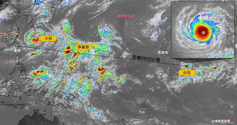 台灣颱風論壇｜天氣特急說明，「朵拉」有機會在下週一前後跨域國際換日線，不過「進入之後，不是新生成的颱風，而是境外移入」。   圖：翻攝自台灣颱風論壇｜天氣特急臉書