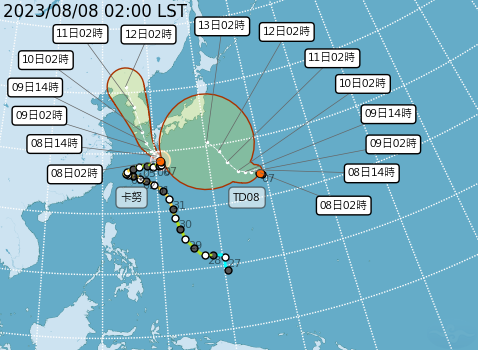 輕度颱風「卡努」今天凌晨2時的中心位置，在琉球東北方410公里海面上，朝韓國直撲而去；太平洋又出現另一熱帶性低氣壓，目前在硫磺島東方海面。   圖：中央氣象局／提供