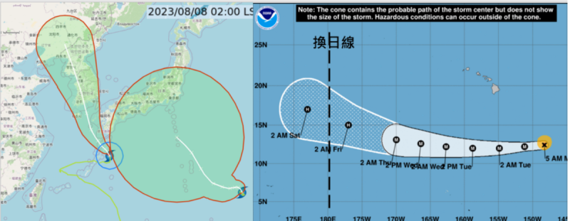 最新美國颶風中心資料顯示，「Dora」將於12日前後跨過換日線(東經180度)。   圖：翻攝自老大洩天機專欄