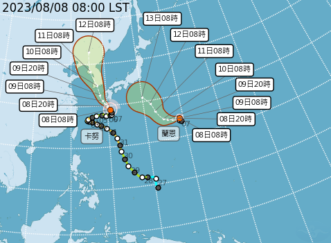 今年第7號颱風「蘭恩」也在今(8)日早上8時生成，週末四級颶風「朵拉」將到達西太平洋，加上卡努到時將是3颱共舞。   圖：取自中央氣象局