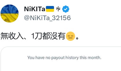 經常分享烏俄戰況，擁有 8 萬粉絲的推特帳號 NiKITa ꑭ 稱，他完全沒有收入。 圖：翻攝自 NiKITa ꑭ 推特