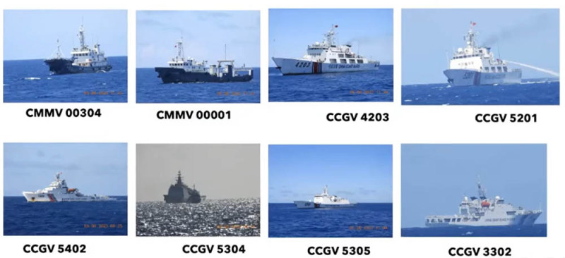 中國派遣 6 艘海警船(CCGV)及 2 艘民兵船(CMMV)前往南海，聲稱要捍衛自身主權。   圖：翻攝自推特@duandang