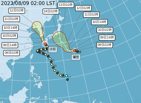 輕度颱風卡努（左）朝韓國與中國的東北撲去，另一個輕度颱風蘭恩生成，在硫磺島東方660公里海面上，以每小時12公里速度，向西北西轉西進行。   圖：中央氣象局／提供