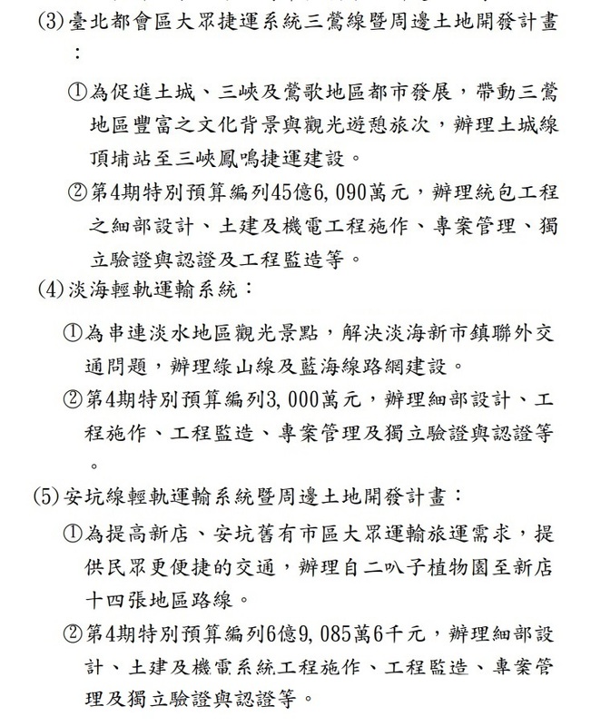 侯友宜曾說新北市最欠缺的是軌道建設，但根據前瞻基礎建設計畫第 4 期特別預算案（112 年度至113 年度）審查報告，有3項關於新北市的建設。   圖：翻攝自行政院主計處