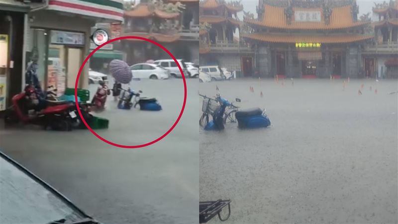 台南海尾朝皇宮的網友分享畫面中可見，淹水高度到小腿。   圖：翻攝我住台南安南區臉書