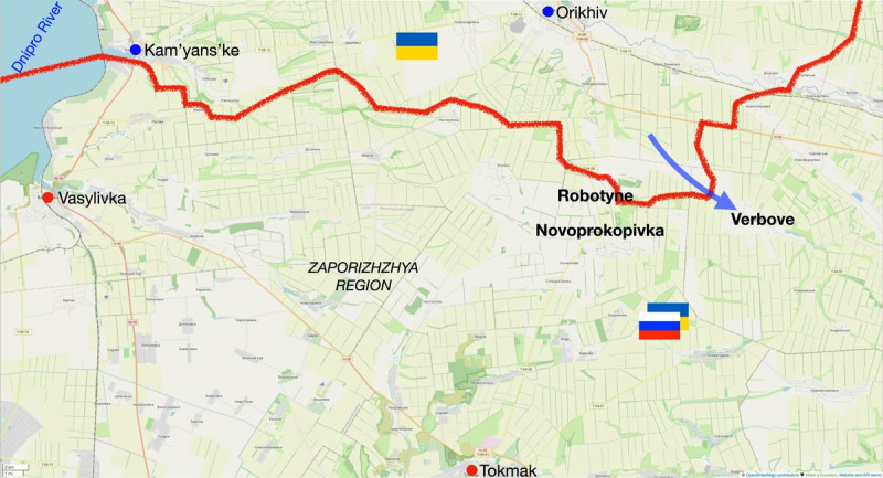 烏軍並向同在波洛希區（Polohy Raion）的村莊韋爾博韋（Verbove）方向推進。分析指此舉擴大了戰線，並進一步暴露了俄軍在羅博蒂內的陣地。   圖：擷取自推特@mhmck