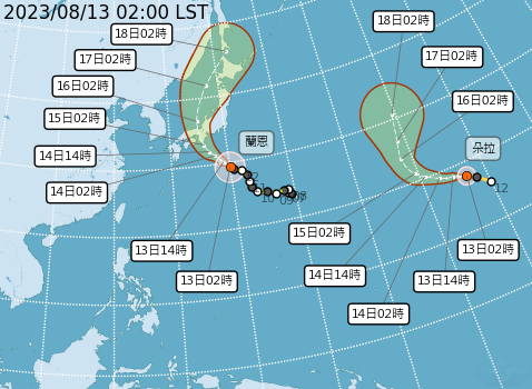 中颱蘭恩向西北轉北大迴轉，明天、週二侵襲日本本州、四國；中颱朵拉強度也逐漸減弱中，無侵台疑慮。   圖片來源/中央氣象局