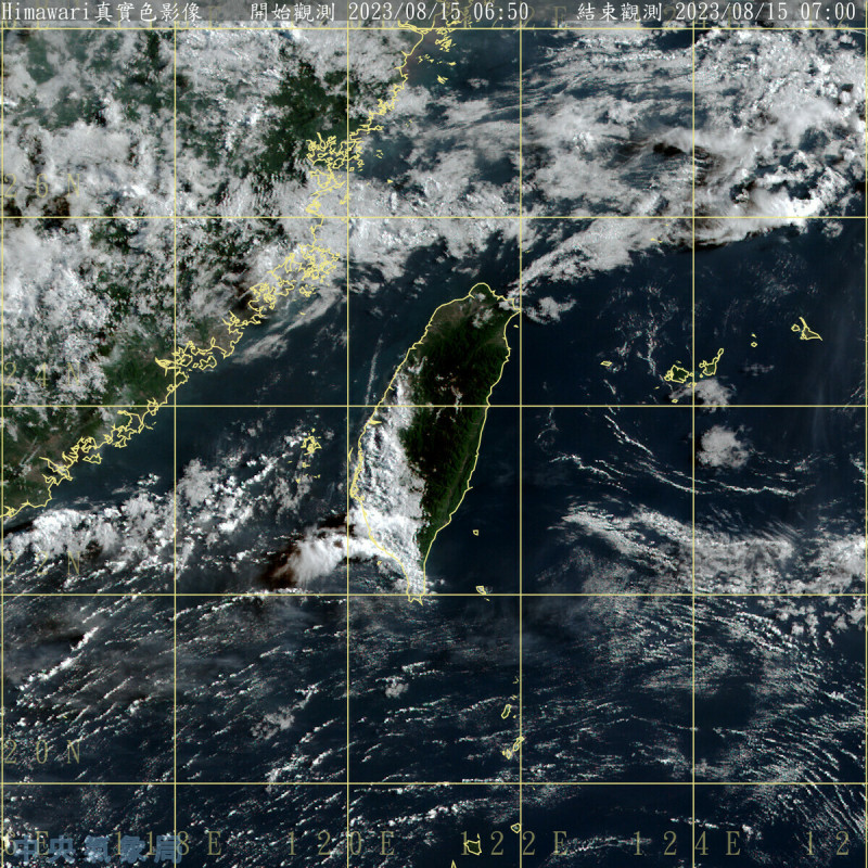 雖然颱風對台灣幾無影響，但今天受到西南風影響，苗栗以南地區包括澎湖、金門、馬祖，都將有短暫陣雨或雷雨，其他地區則是多雲到晴的天氣。   圖：中央氣象局／提供