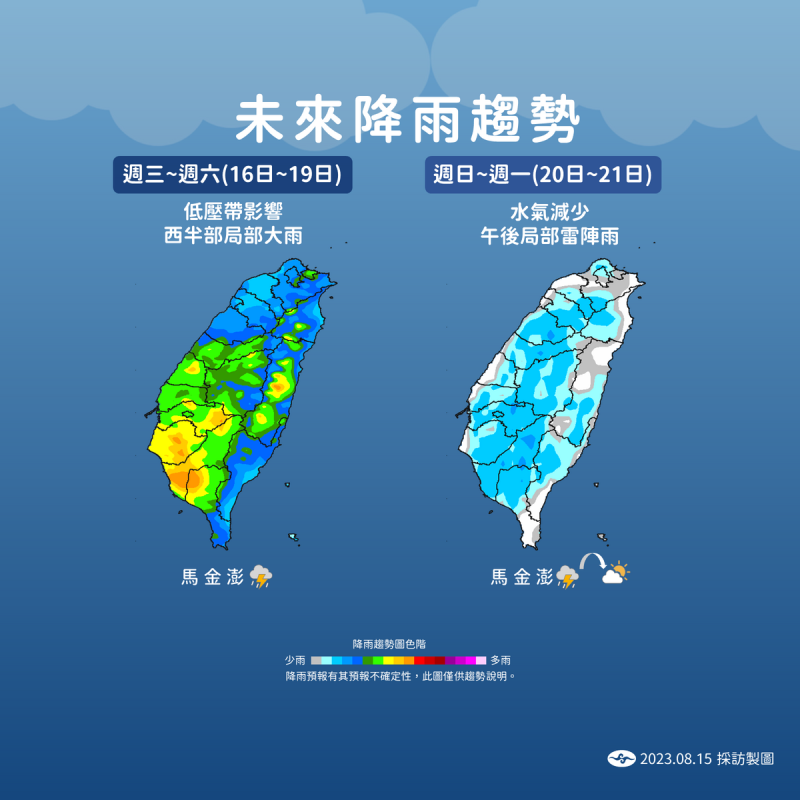 未來一週降雨趨勢圖。   圖：中央氣象局／提供