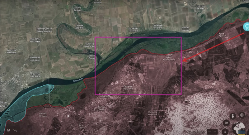 烏軍轟炸俄軍位於新卡霍夫卡的指揮所（藍點處），該指揮所正是指揮俄軍前線的重要中心。（紅色區域為俄軍控制區域）   圖：翻攝自Youtube／Reporting from Ukraine