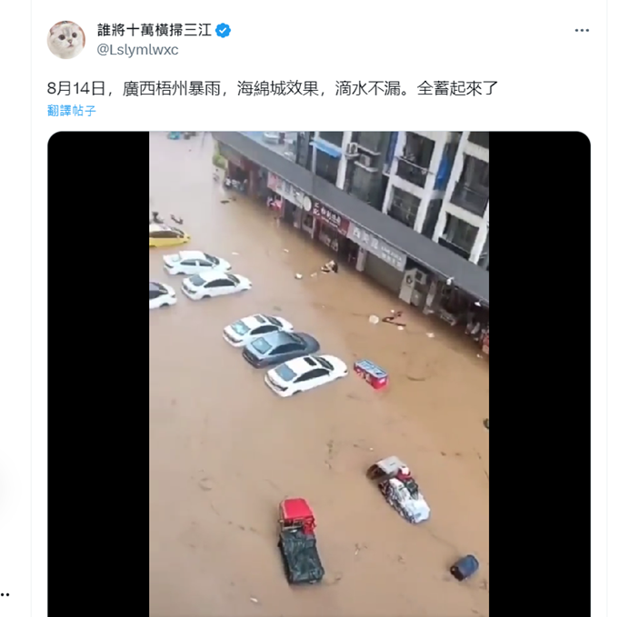 廣西梧州城區道路被洪水淹沒，道路成河，不少車輛被泡。   翻攝自X ( 前推特 )