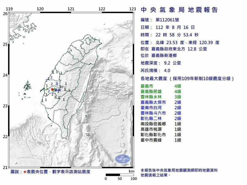 嘉義16日深夜10點58分發生芮氏規模4.0地震，地震深度僅9.2公里屬極淺層地震。   圖：翻攝自中央氣象局官網