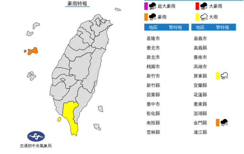 中央氣象局今晨5時25分針對金門縣地區發布豪雨特報，屏東地區發布大雨特報   圖/中央氣象局