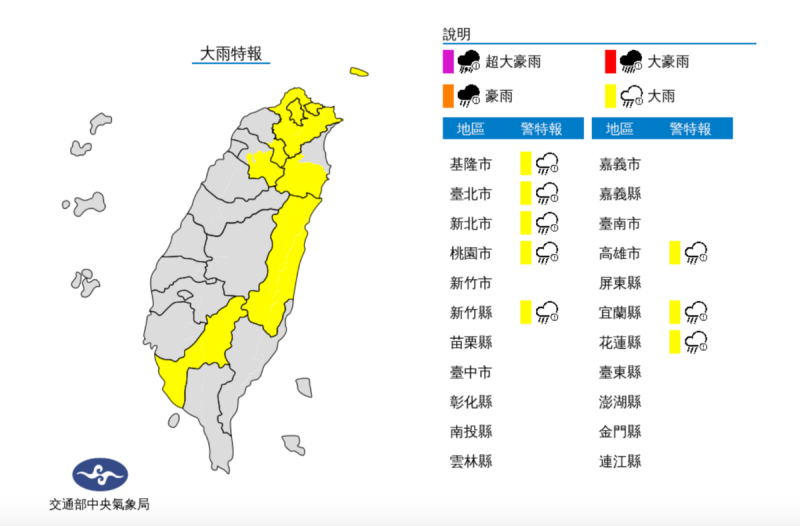 中央氣象局針對5縣市發布大雨特報，新北、高雄地區及桃園、新竹、宜蘭山區有局部大雨發生的機率。   圖：翻攝自中央氣象局官網