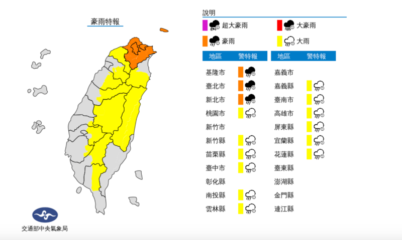 氣象局指出，午後對流雲系發展旺盛，易有短延時強降雨，今日新北市及台北市有局部大雨或豪雨發生的機率。   圖：翻攝自中央氣象局官網