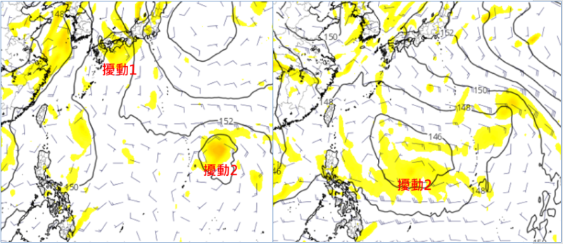 第1個擾動大約行進至日本南方近海；第2個擾動在菲律賓東方海面醞釀發展。   圖：翻攝自老大洩天機專欄