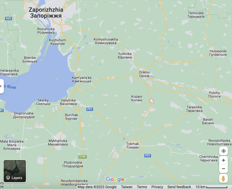 羅博季涅（紅圈處）距離扎波羅熱（Zaporizhzhia）交通樞紐托克馬克(Tokmak，下方）僅 20 多公里，烏、俄兩軍均將此地視為戰略要地。   圖：翻攝自Google Map