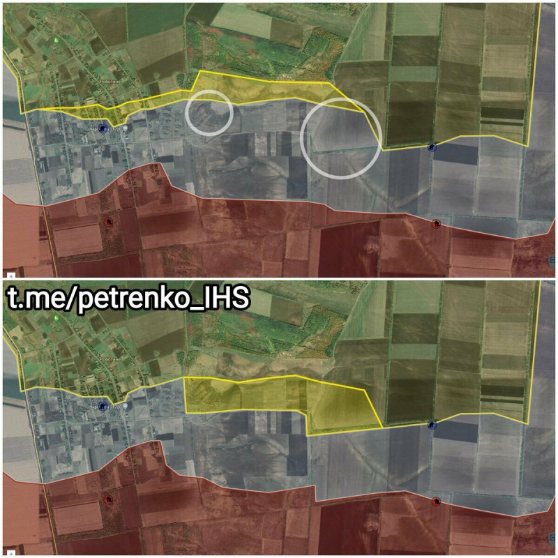 烏軍透過控制據點（圓圈處），進攻羅博季涅村莊東側。（紅色區域為俄軍控制區域，黃色為烏軍控制區域）   圖：翻攝自Ｘ／@JohnZhangSV
