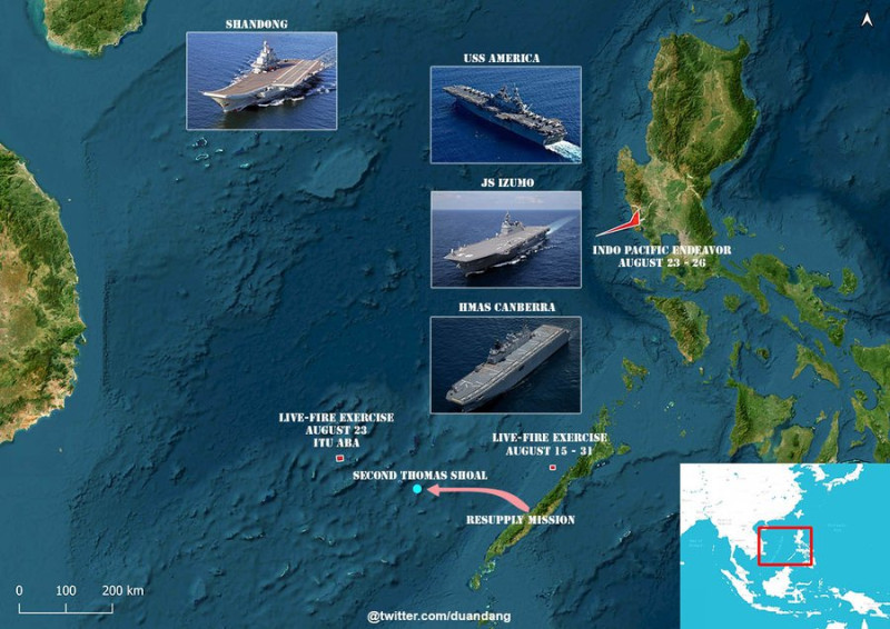 美國兩棲攻擊艦「美利堅號(USS America LHA-6)」、日本航艦化的直升機護衛艦「出雲號(JS Izumo DDH-183)」及澳洲皇家海軍兩棲攻擊艦「坎培拉號(HMAS Canberra L02)」等3艘大型平台船艦本週在南海軍演。   圖：翻攝「X」@duandang