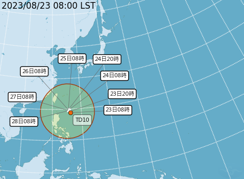 今日上午8時生成的熱帶性低氣壓TD10，以每小時4公里速度，向北進行，預估最快週六成為今年第8號颱風「蘇拉」。   圖：取自中央氣象局
