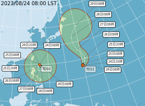 目前海面上有2個熱帶性低氣壓TD10、TD11，其中離台灣較近的TD10將在今(24)晚到明(25)晨生成第9號颱風「蘇拉」。   圖：取自中央氣象局