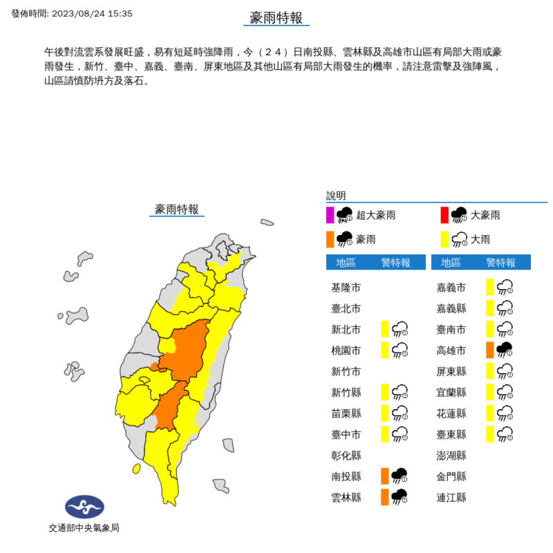 氣象局對15縣市發布豪大雨特報。   圖：取自中央氣象局