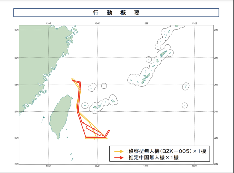 根據日本防衛省統合幕僚監部資料顯示，25 日 1 架中國軍用無人機（ BZK-005）及 1 架推斷為無人機的軍機，飛越沖繩那國島與台灣之間海域。   圖：翻攝自日本防衛省統合幕僚監部