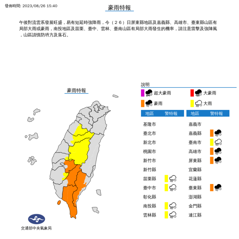 氣象局對9縣市發布豪大雨特報。   圖：取自中央氣象局