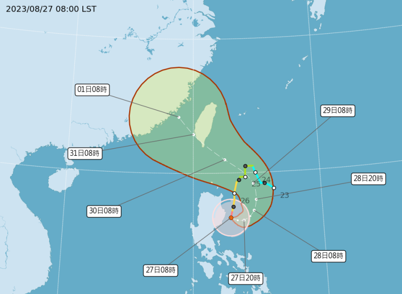 今年第9號颱風於今(27)日轉為強烈颱風，並於明日起北轉，逐漸往台灣靠近。   圖：翻攝自中央氣象局官網