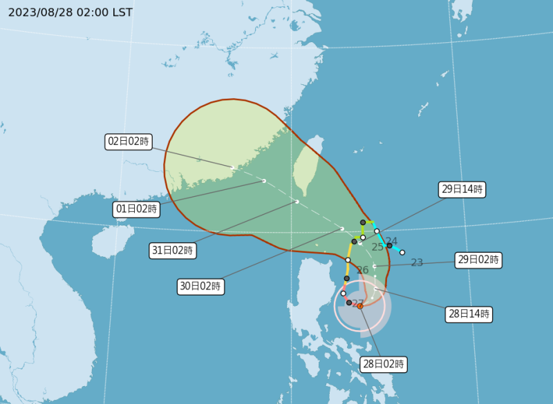 今天蘇拉颱風將在呂宋島東方海面逐漸轉北移動，最快今日深夜就有機會發布台灣東南部海域、巴士海峽的海上颱風警報。   圖：翻攝自中央氣象局官網