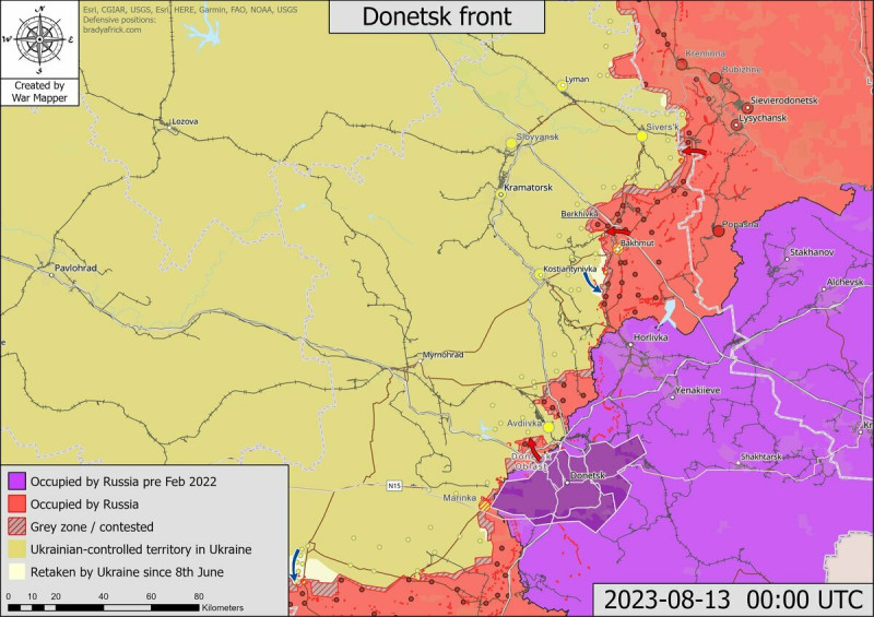 烏軍 8 月 13 日的頓內茨克前線戰況，可見烏軍在巴赫姆特周圍仍無法取得任何城鎮。   圖：War Mapper X@War_Mapper