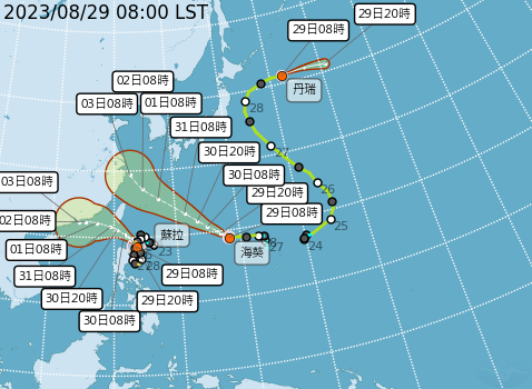蘇拉颱風步步進逼，氣象局已於昨晚發布海上颱風警報，並計畫在今(29)日下午2時半發布陸上颱風警報。   圖：取自中央氣象局