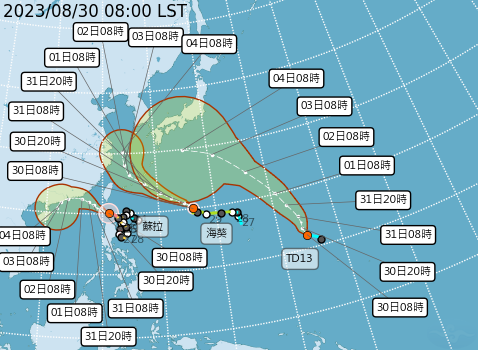 最近太平洋上相當熱鬧，颱風一個接一個生成，除了蘇拉和海葵，另一個熱帶性低氣壓TD13也已生成。   圖：取自中央氣象局