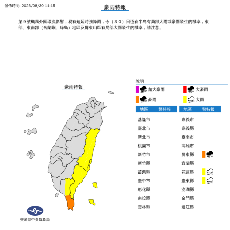 受到蘇拉颱風外圍環流影響，易有短延時強降雨，氣象局對3縣市發布豪大雨特報。   圖：取自中央氣象局