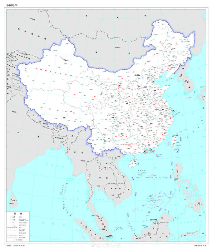 中國最新「標準地圖」將中印邊境地帶、南海諸島等爭議地區及台灣納入領土範圍，引發爭議。   圖：擷取自中國官媒《人民日報》