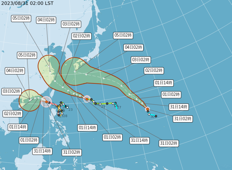 強烈颱風「蘇拉」（左起）今天暴風半徑已經離開台灣，但外圍環流影響持續；另外2個輕度颱風「海葵」與「鴻雁」則朝台灣方向前進，不容小覷。   圖：中央氣象局／提供